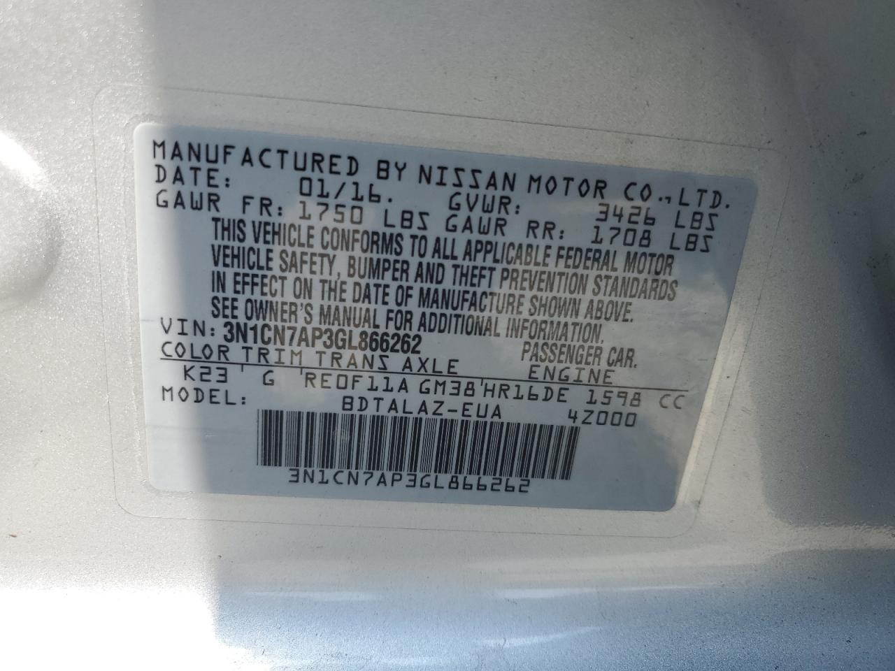 2016 Nissan Versa S VIN: 3N1CN7AP3GL866262 Lot: 64844765