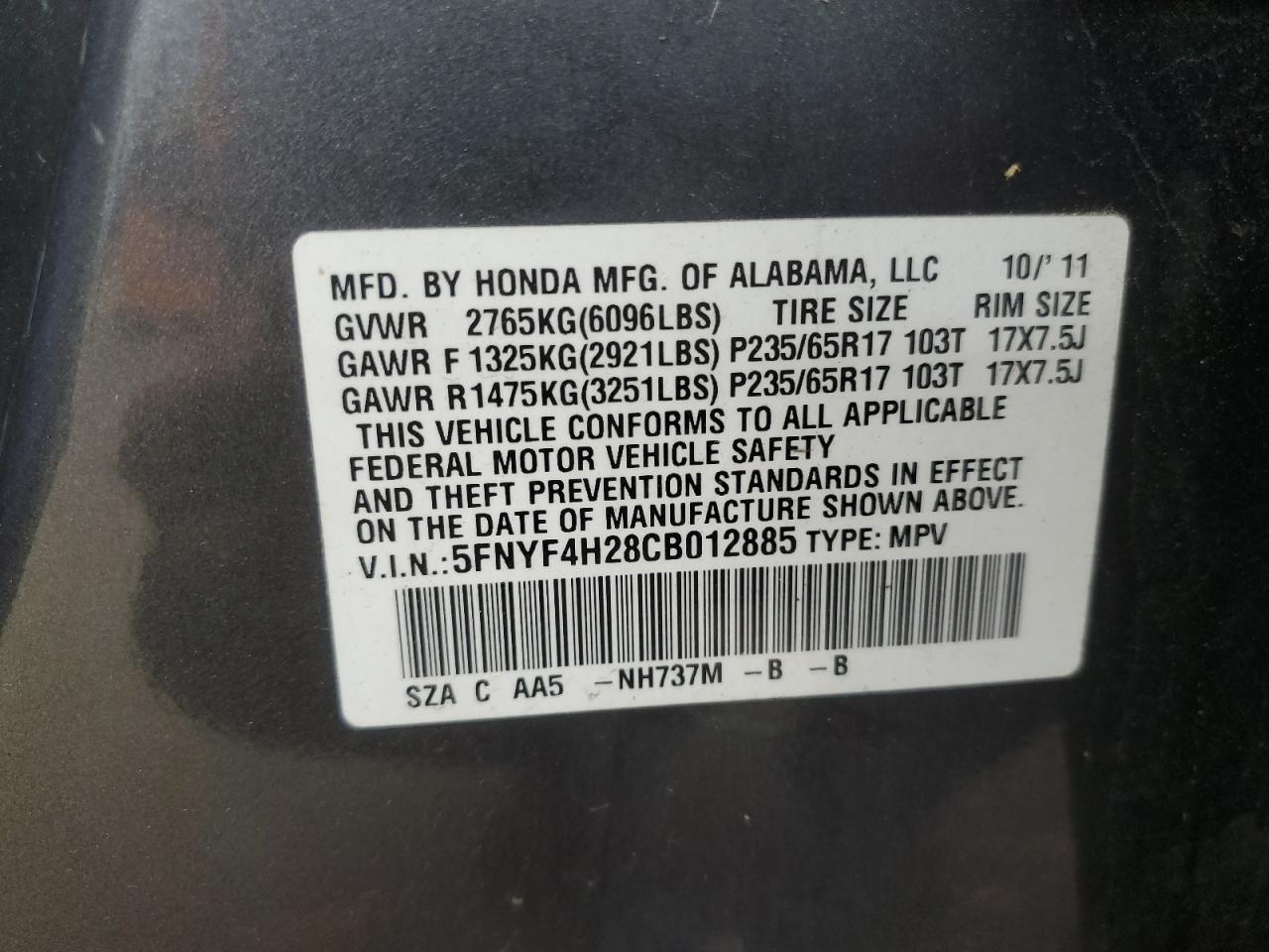 2012 Honda Pilot Lx VIN: 5FNYF4H28CB012885 Lot: 63329945