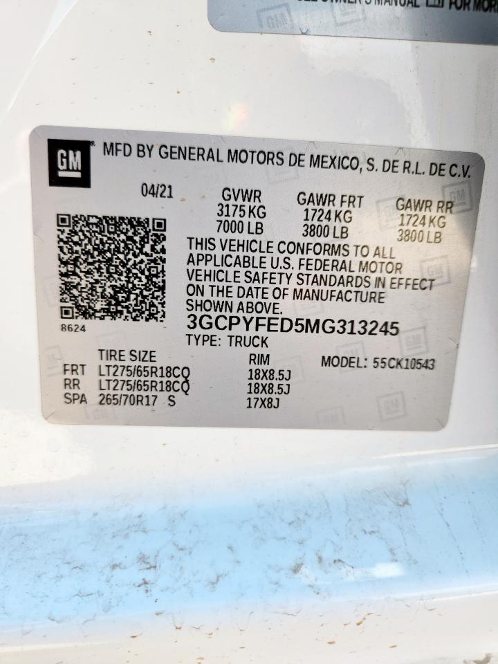 2021 Chevrolet Silverado K1500 Lt Trail Boss VIN: 3GCPYFED5MG313245 Lot: 64230335