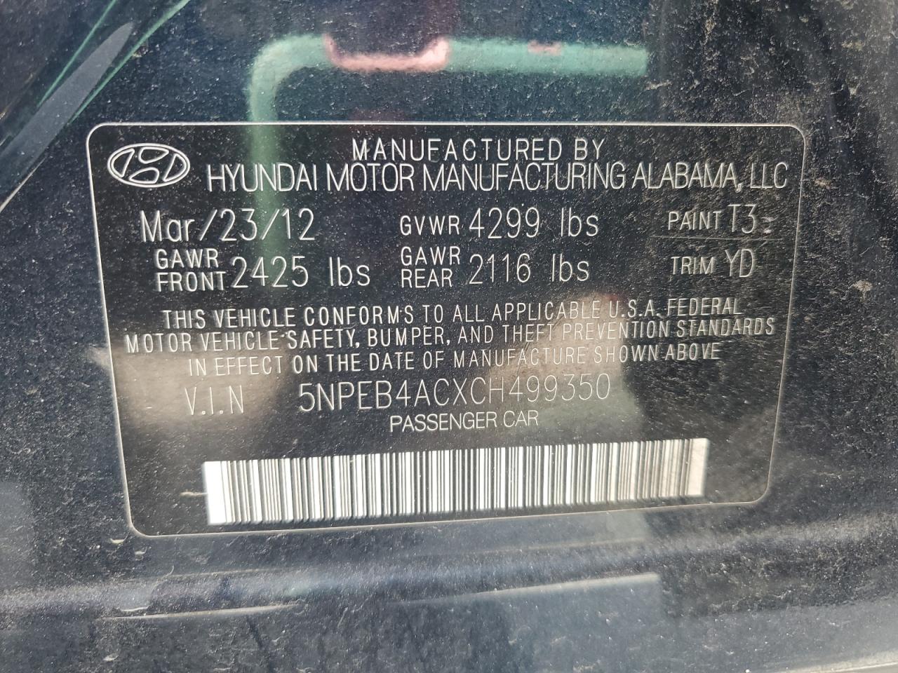 2012 Hyundai Sonata Gls VIN: 5NPEB4ACXCH499350 Lot: 65519205