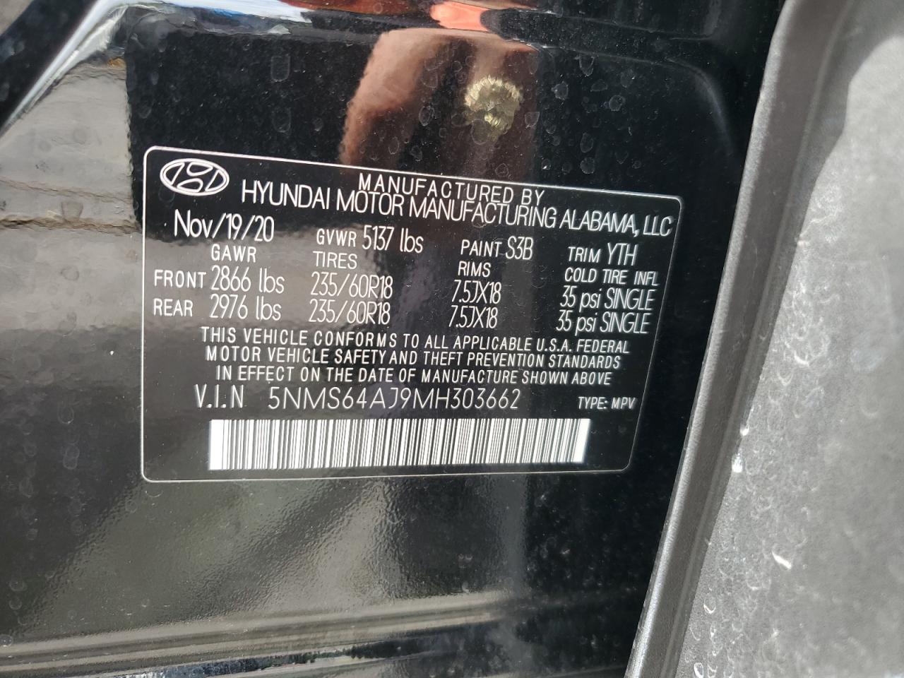 2021 Hyundai Santa Fe Sel VIN: 5NMS64AJ9MH303662 Lot: 65165175