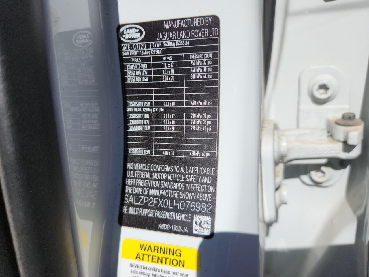 2020 Land Rover Range Rover Evoque Se VIN: SALZP2FX0LH076982 Lot: 63598275