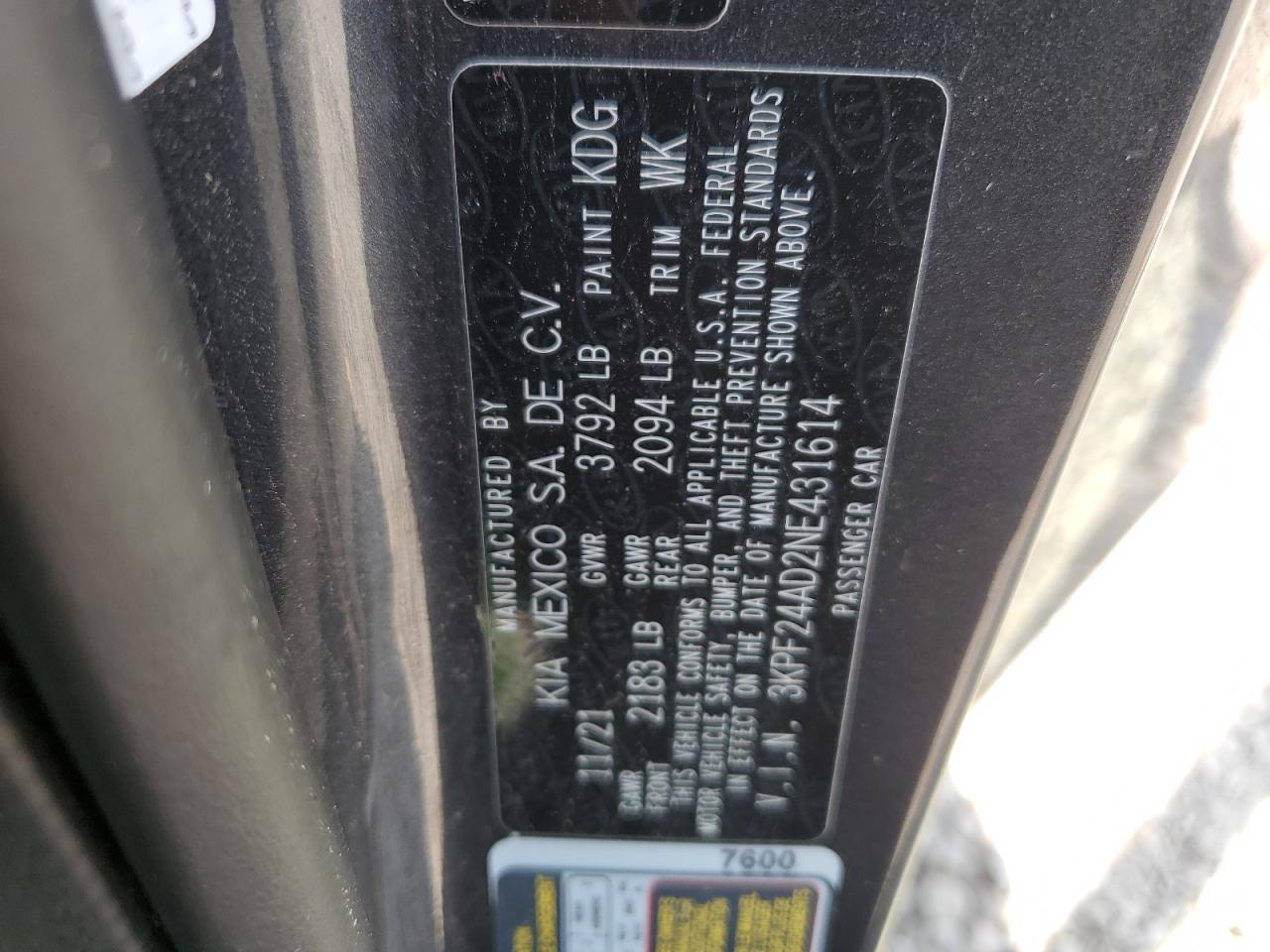 2022 Kia Forte Fe VIN: 3KPF24AD2NE431614 Lot: 64866765