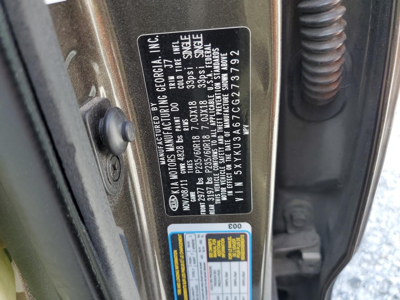 2012 Kia Sorento Ex VIN: 5XYKU3A67CG273792 Lot: 63869745