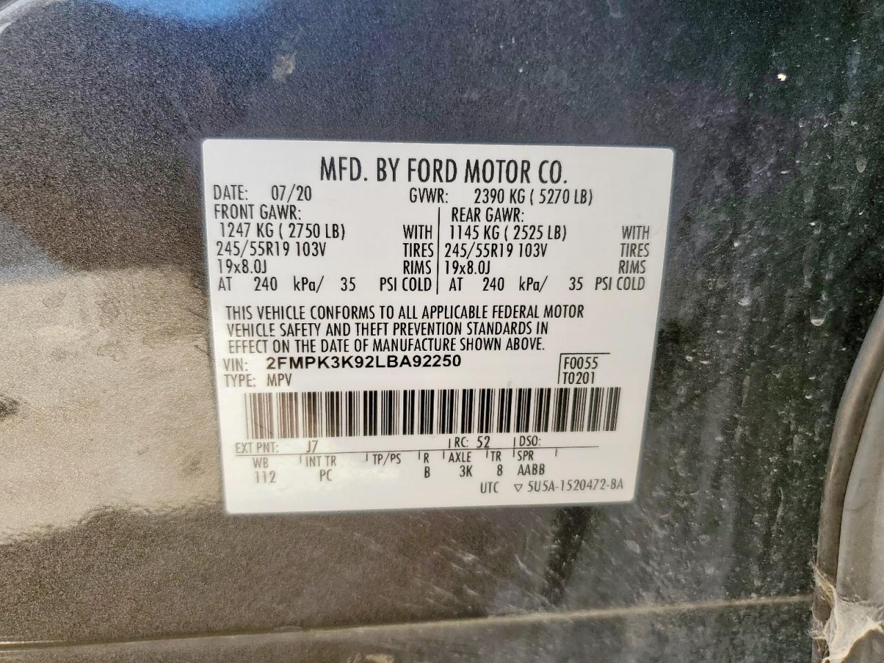 2020 Ford Edge Titanium VIN: 2FMPK3K92LBA92250 Lot: 66395135