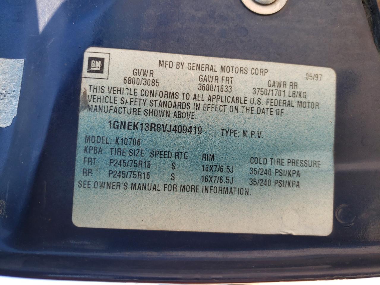 1GNEK13R8VJ409419 1997 Chevrolet Tahoe K1500