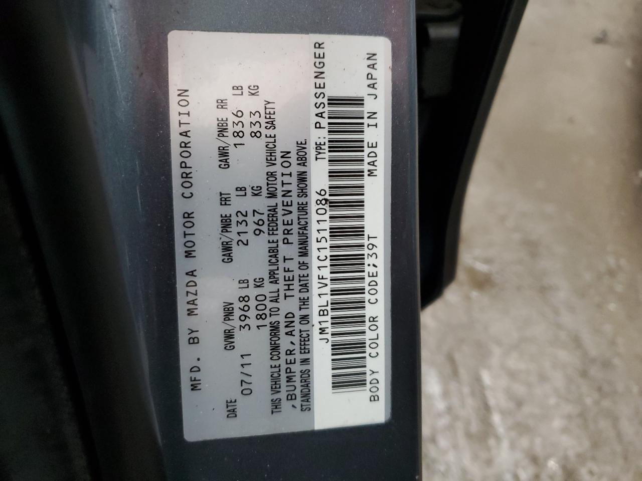2012 Mazda 3 I VIN: JM1BL1VF1C1511086 Lot: 65159825