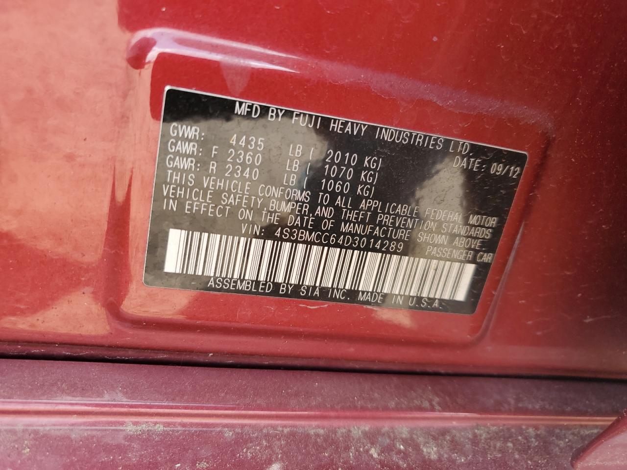 2013 Subaru Legacy 2.5I Premium VIN: 4S3BMCC64D3014289 Lot: 63802595