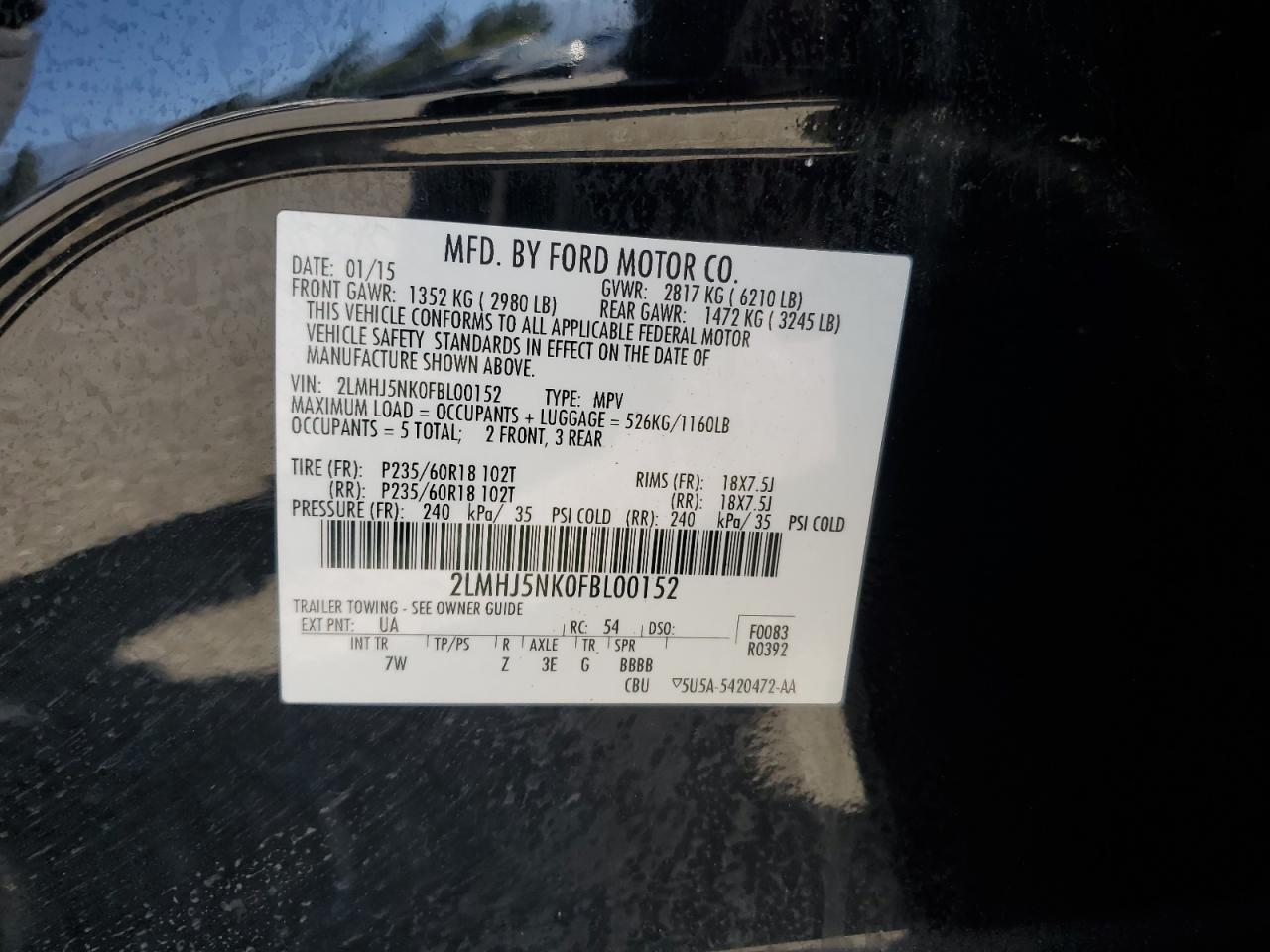 2015 Lincoln Mkt VIN: 2LMHJ5NK0FBL00152 Lot: 65801565