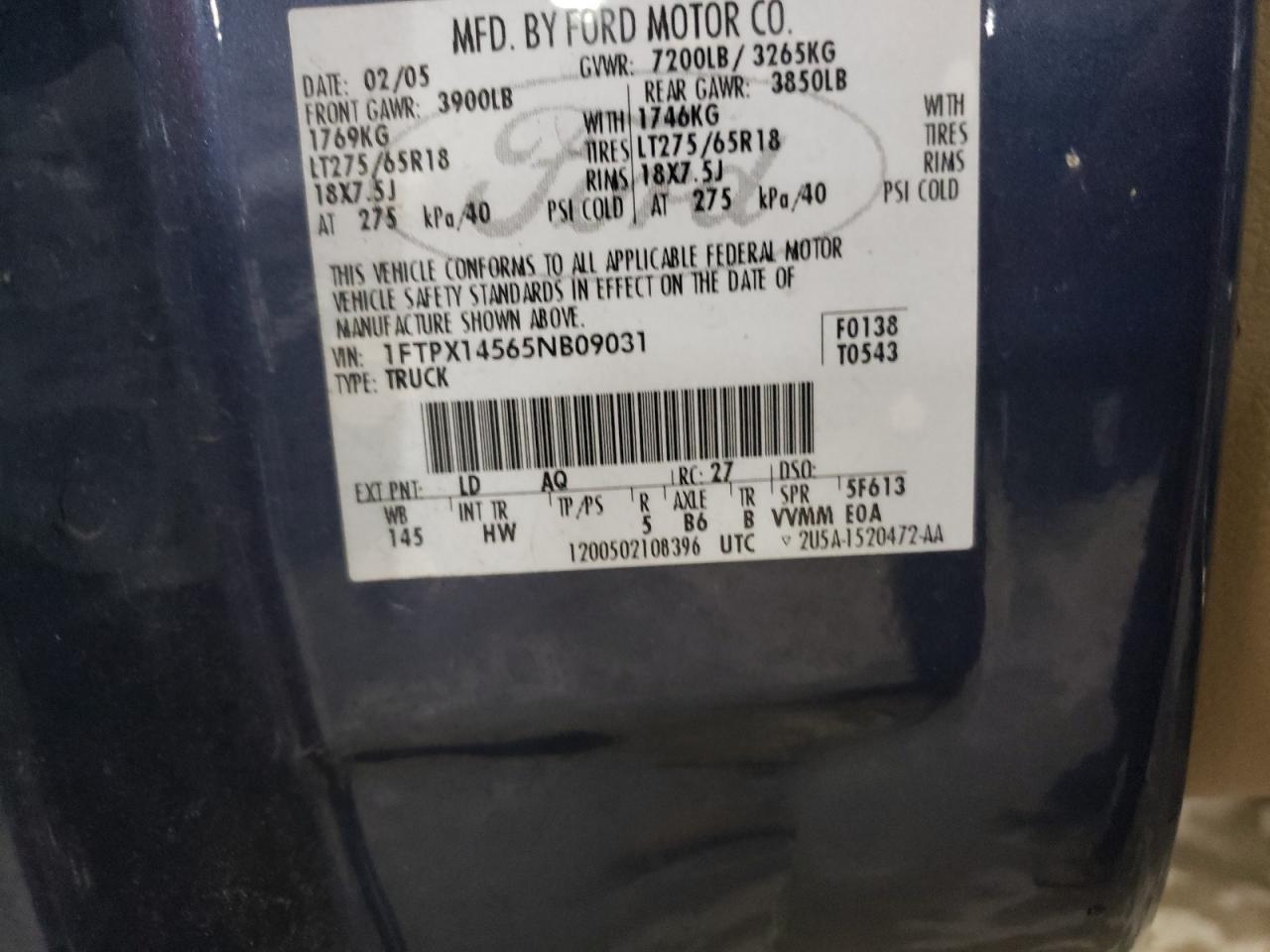 2005 Ford F150 VIN: 1FTPX14565NB09031 Lot: 63511985