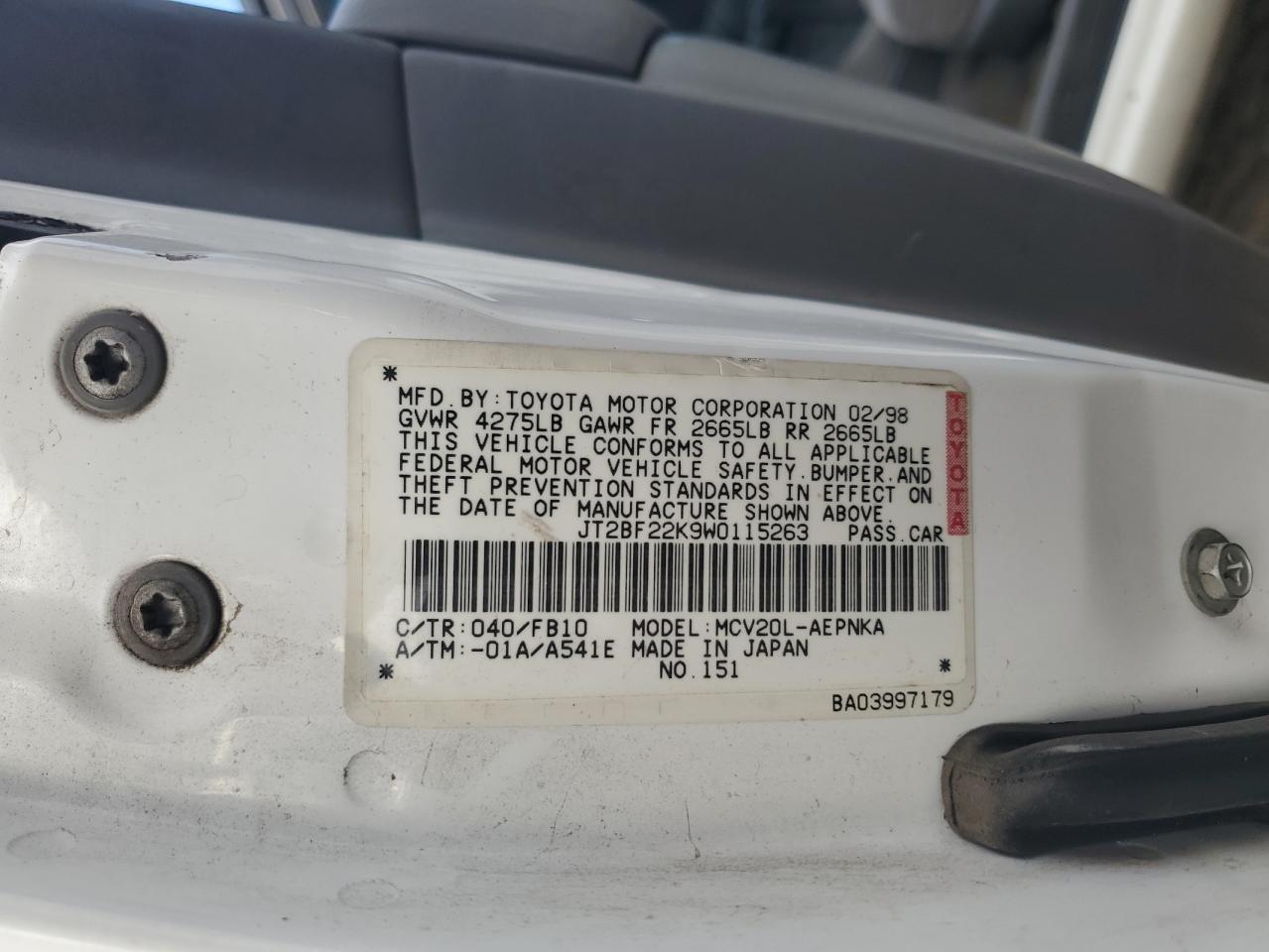1999 Toyota Camry Ce VIN: JT2BF22K9W0115263 Lot: 63513935