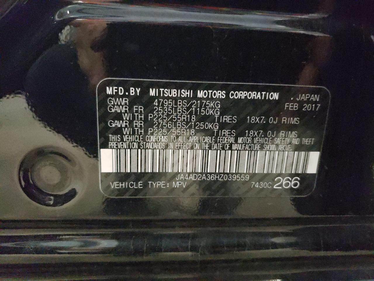 2017 Mitsubishi Outlander Es VIN: JA4AD2A36HZ039559 Lot: 66283365