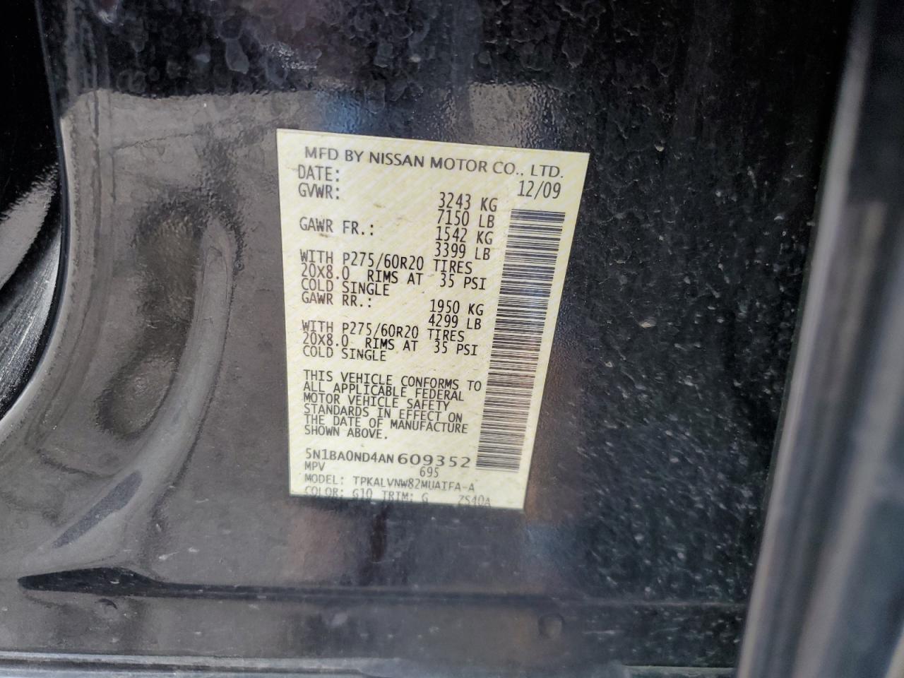 2010 Nissan Armada Se VIN: 5N1BA0ND4AN609352 Lot: 64604965