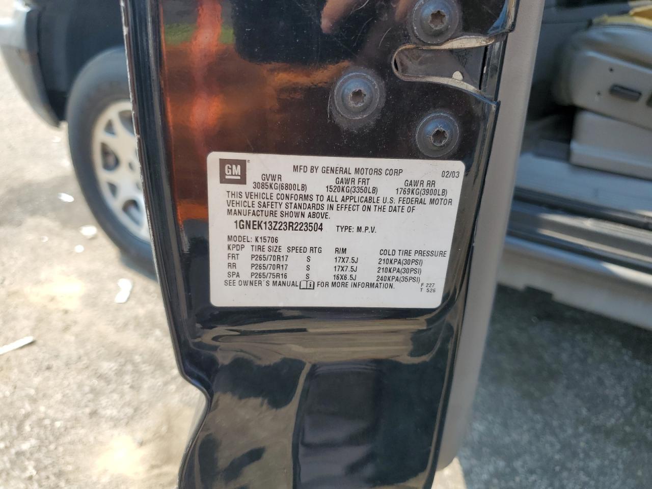 2003 Chevrolet Tahoe K1500 VIN: 1GNEK13Z23R223504 Lot: 63490585