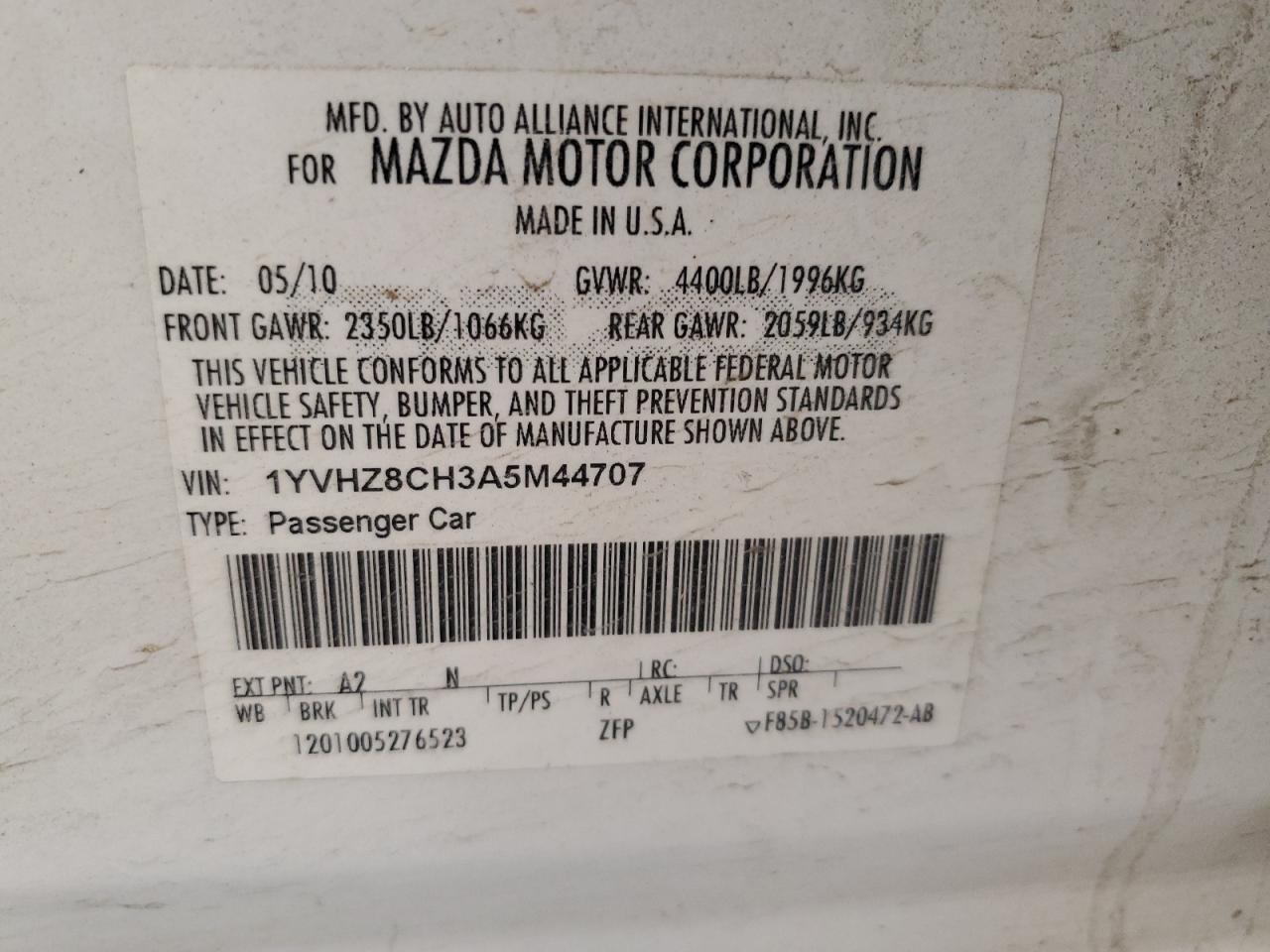 2010 Mazda 6 I VIN: 1YVHZ8CH3A5M44707 Lot: 62846355