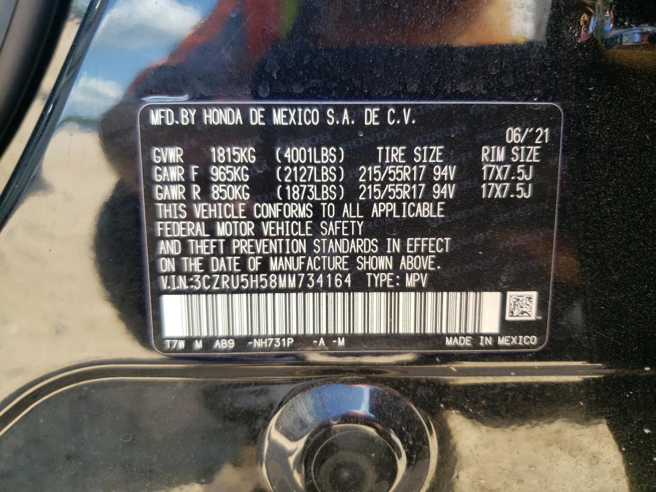 2021 Honda Hr-V Ex VIN: 3CZRU5H58MM734164 Lot: 62298625