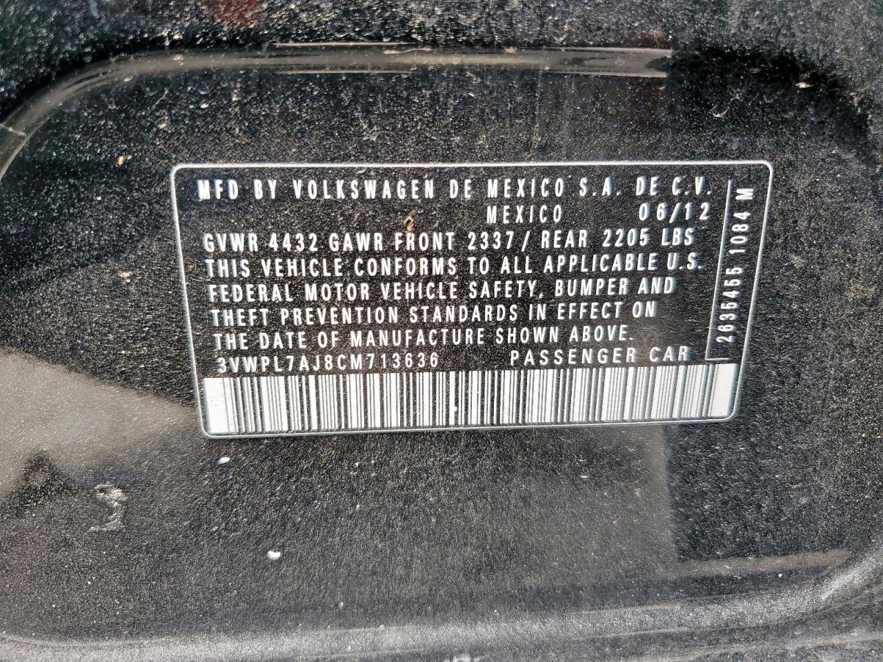 2012 Volkswagen Jetta Tdi VIN: 3VWPL7AJ8CM713636 Lot: 65094485