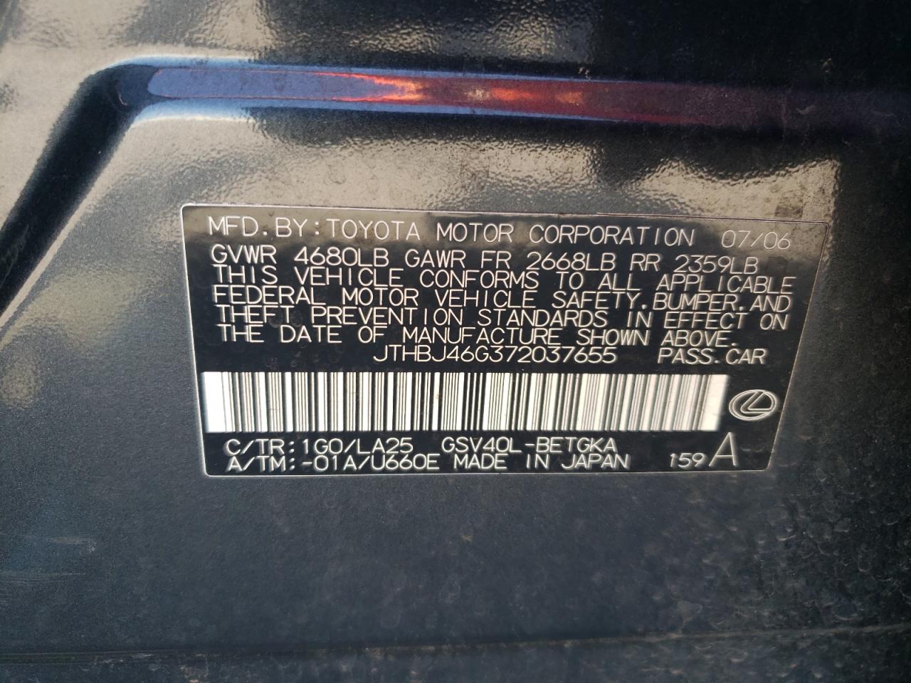 2007 Lexus Es 350 VIN: JTHBJ46G372037655 Lot: 62843765