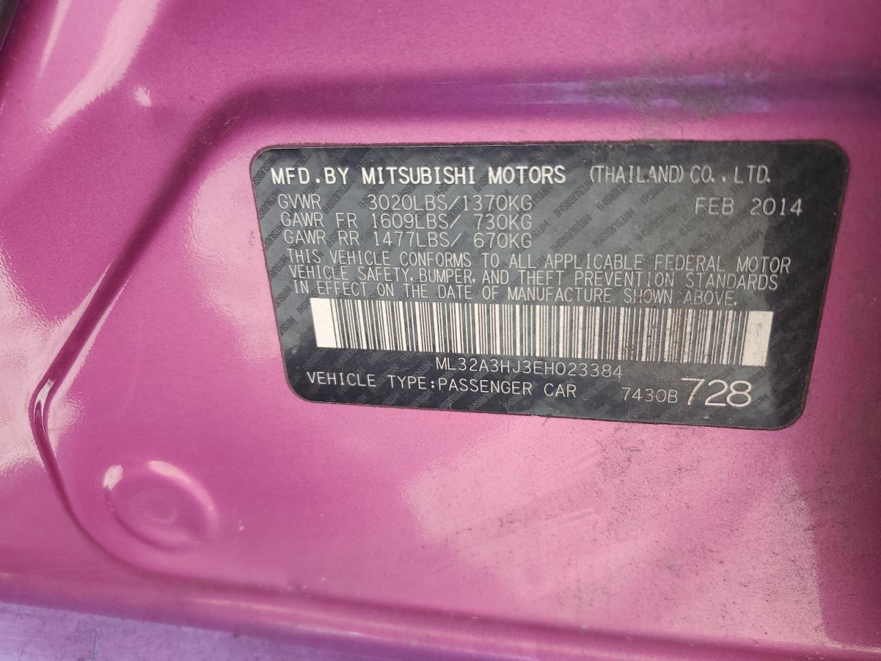 2014 Mitsubishi Mirage De VIN: ML32A3HJ3EH023384 Lot: 65316505