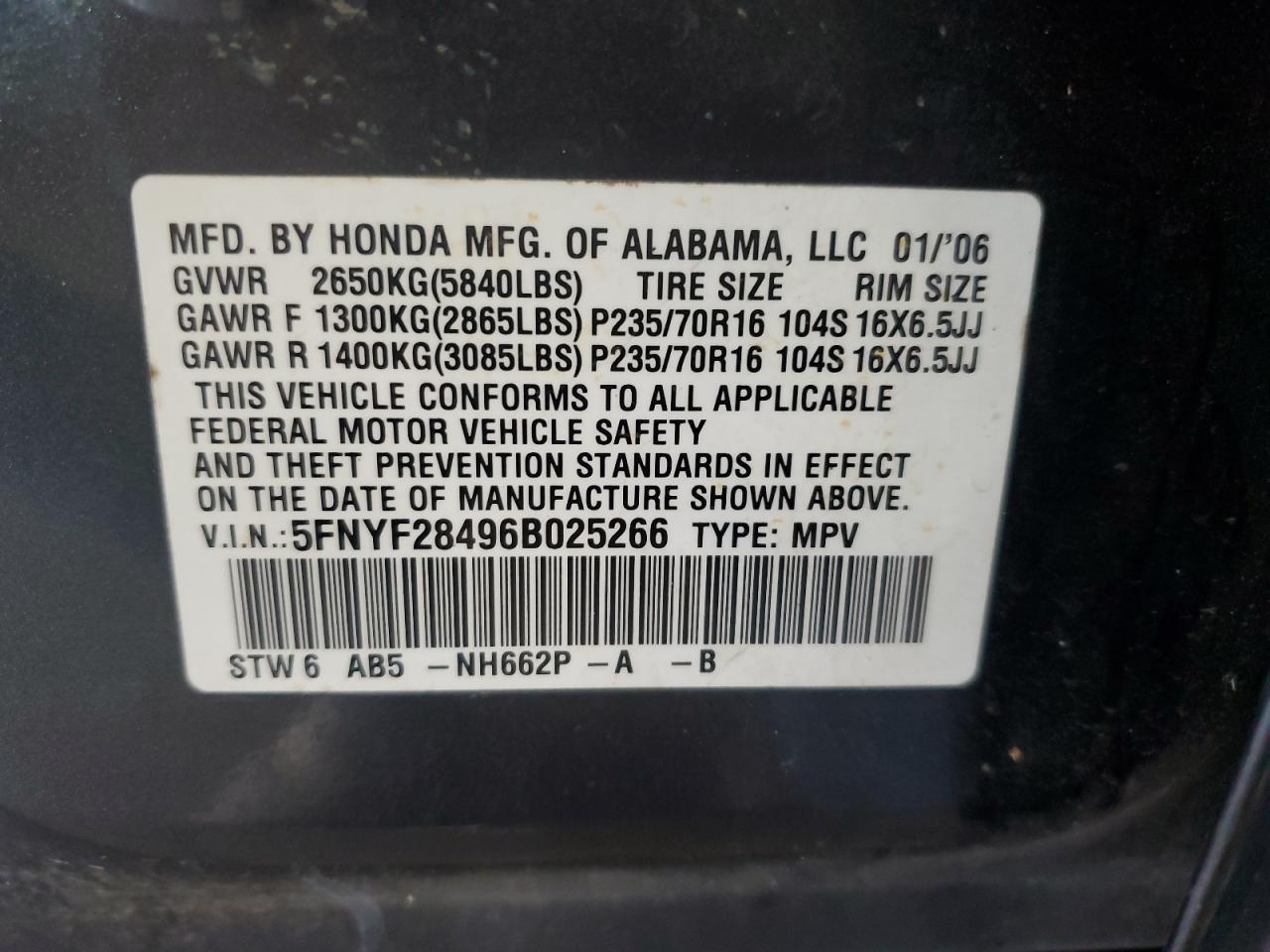 2006 Honda Pilot Ex VIN: 5FNYF28496B025266 Lot: 64087905