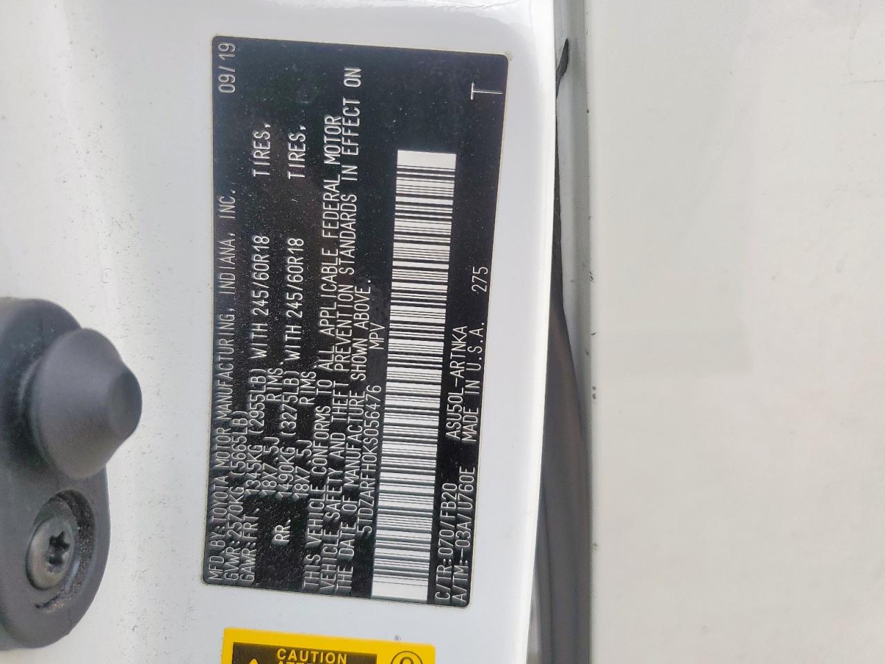 2019 Toyota Highlander Le VIN: 5TDZARFH0KS056476 Lot: 65516455