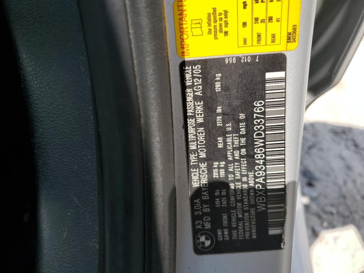 2006 BMW X3 3.0I VIN: WBXPA93486WD33766 Lot: 64003605