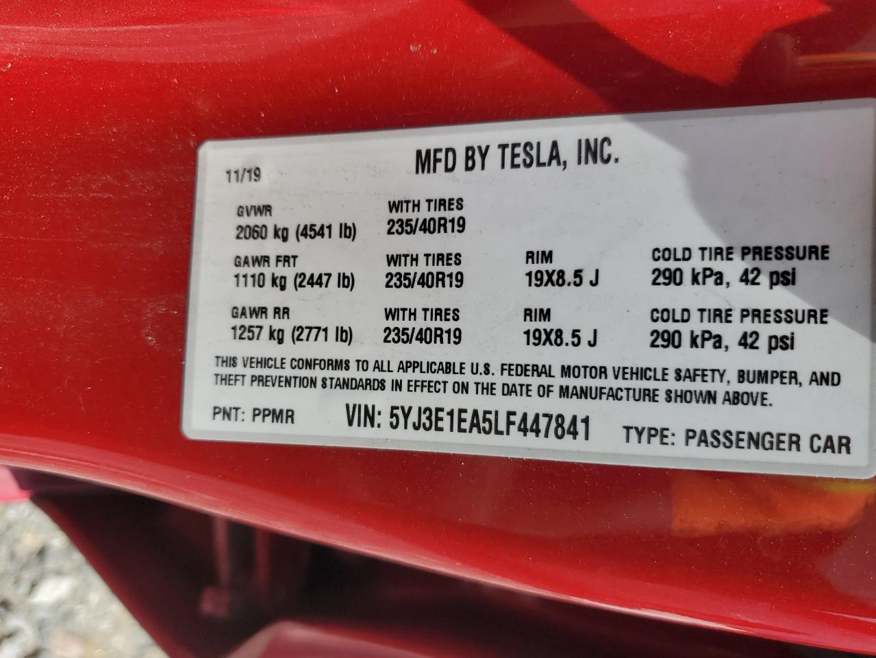 2020 Tesla Model 3 VIN: 5YJ3E1EA5LF447841 Lot: 63275225