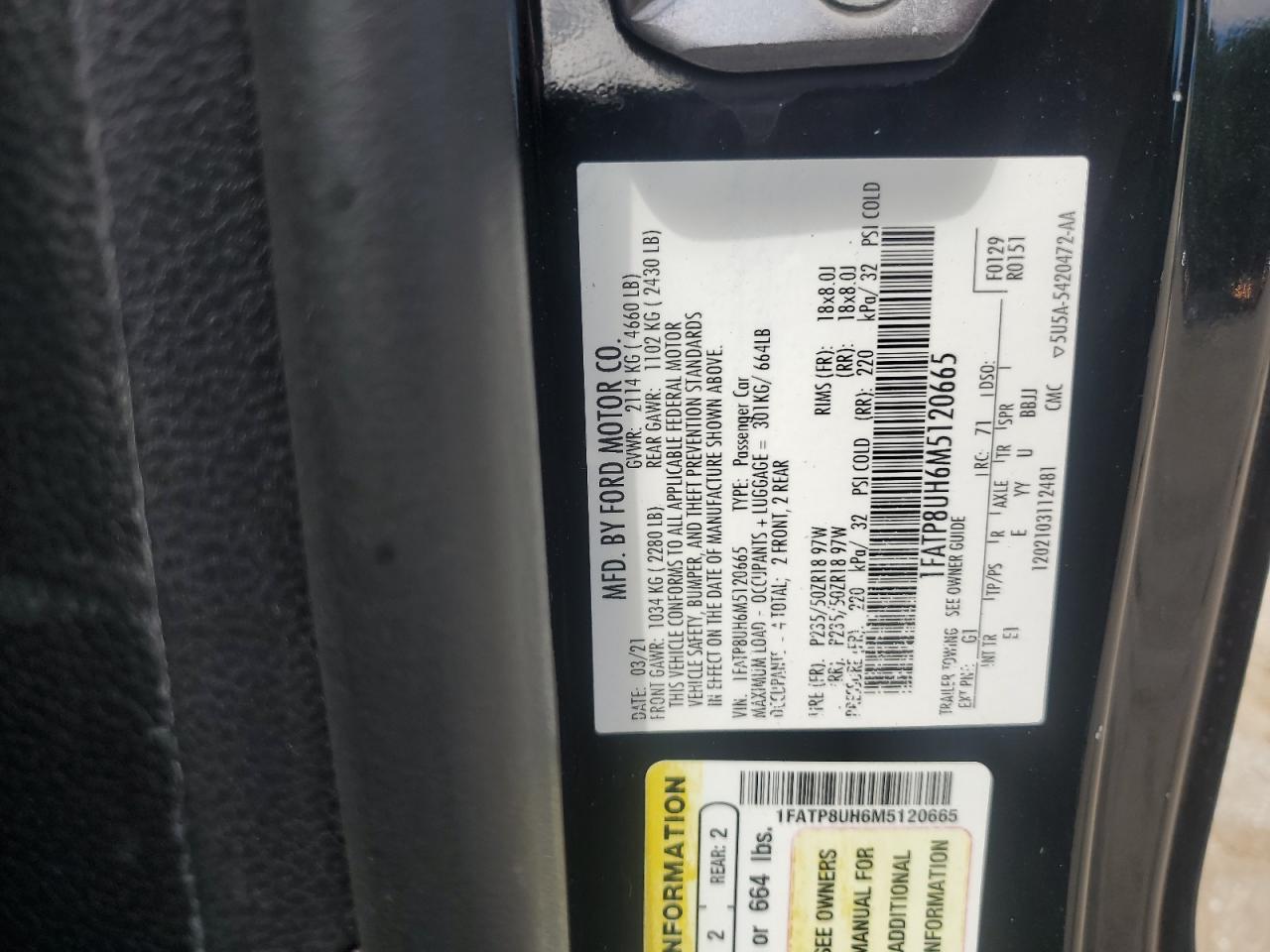 2021 Ford Mustang VIN: 1FATP8UH6M5120665 Lot: 66462845