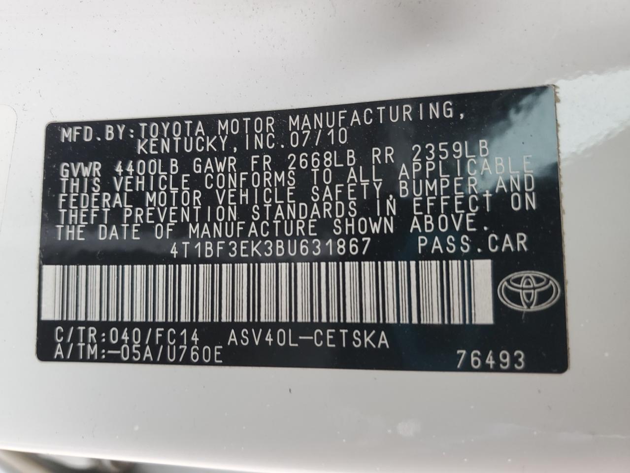 2011 Toyota Camry Base VIN: 4T1BF3EK3BU631867 Lot: 65086525