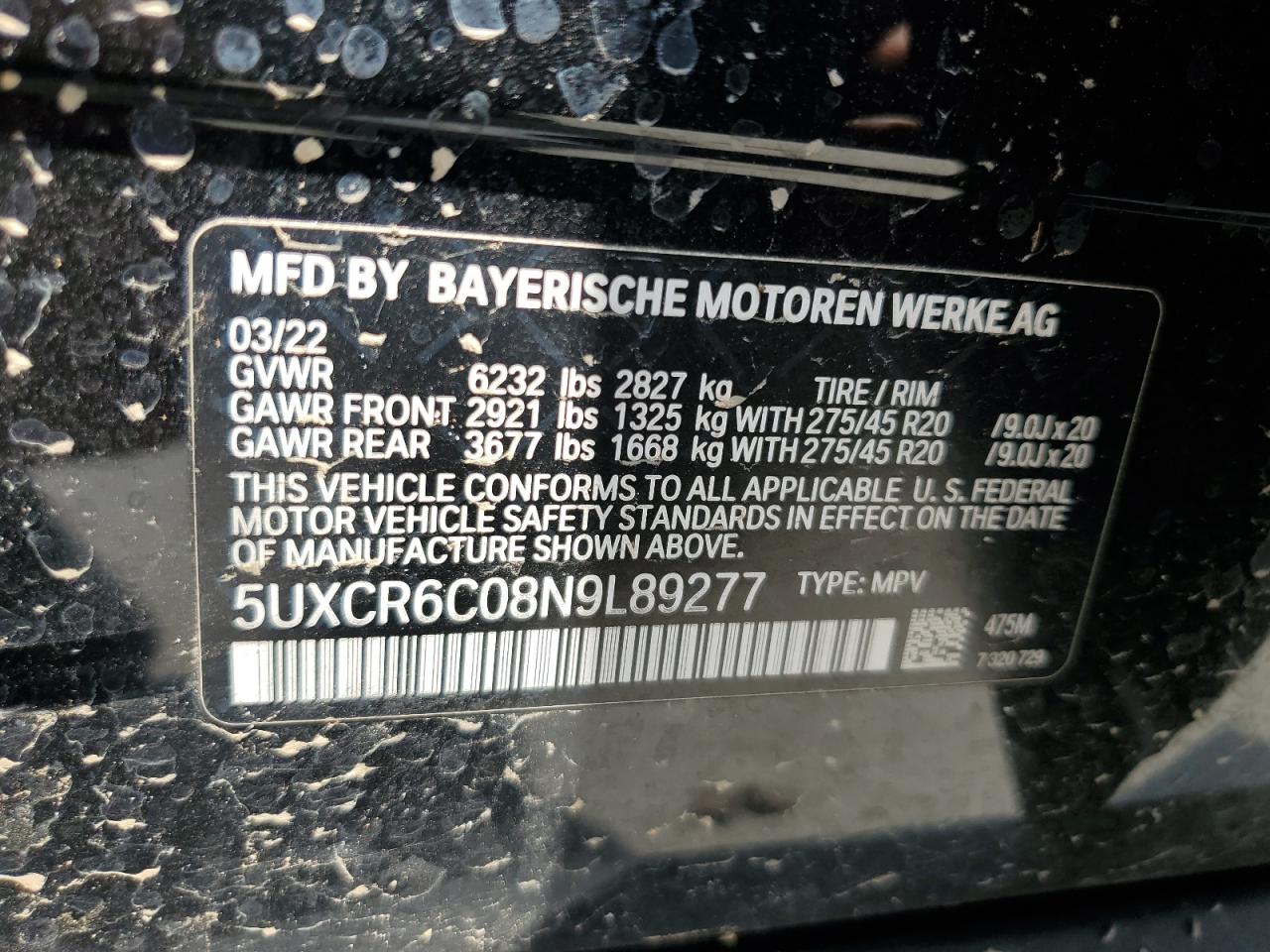 2022 BMW X5 xDrive40I VIN: 5UXCR6C08N9L89277 Lot: 63556955