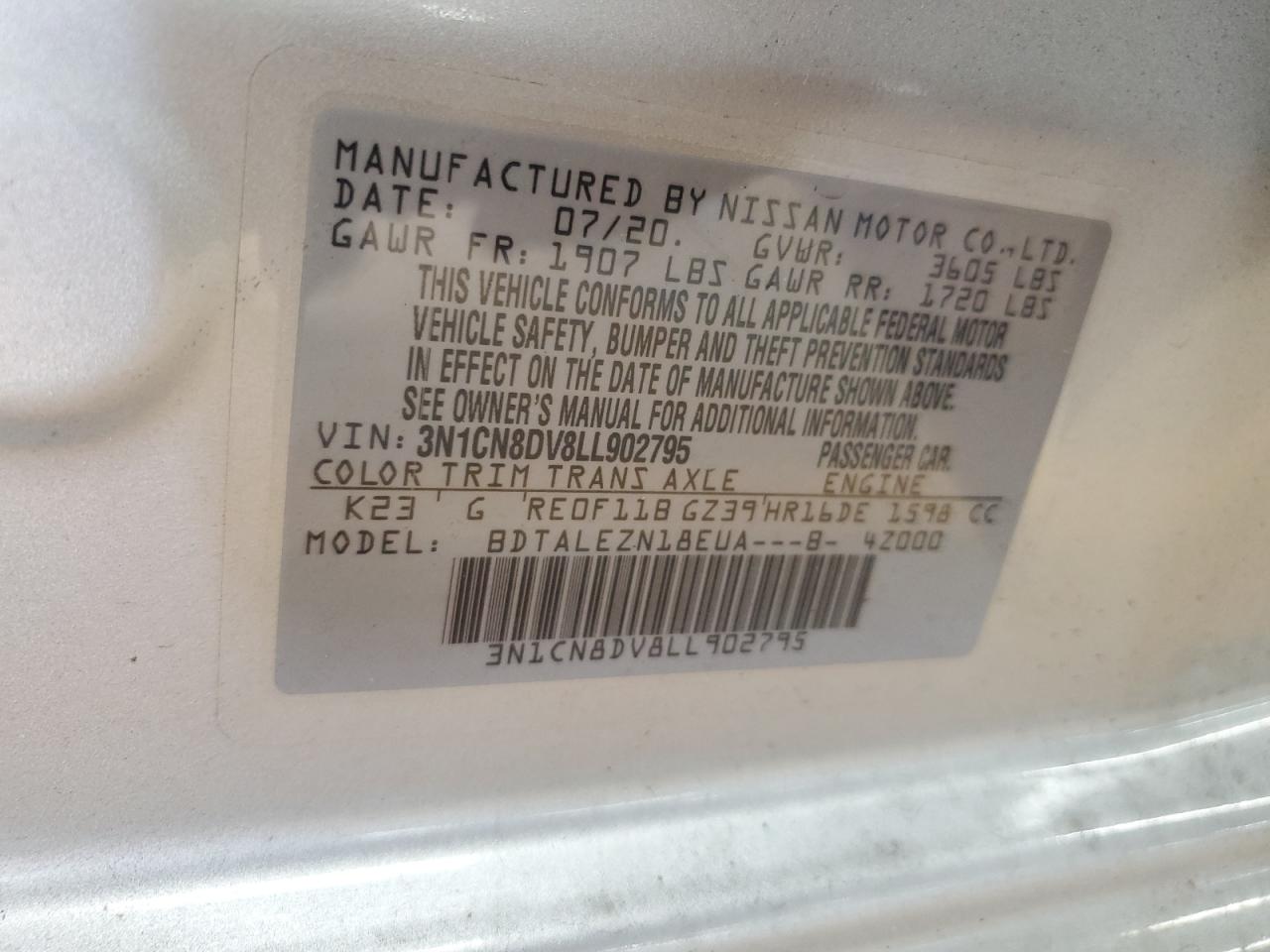 3N1CN8DV8LL902795 NISSAN VERSA 2020