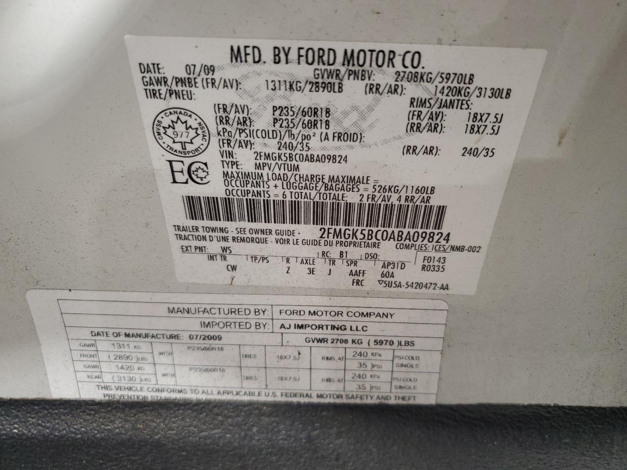 2010 Ford Flex Se VIN: 2FMGK5BC0ABA09824 Lot: 62845885