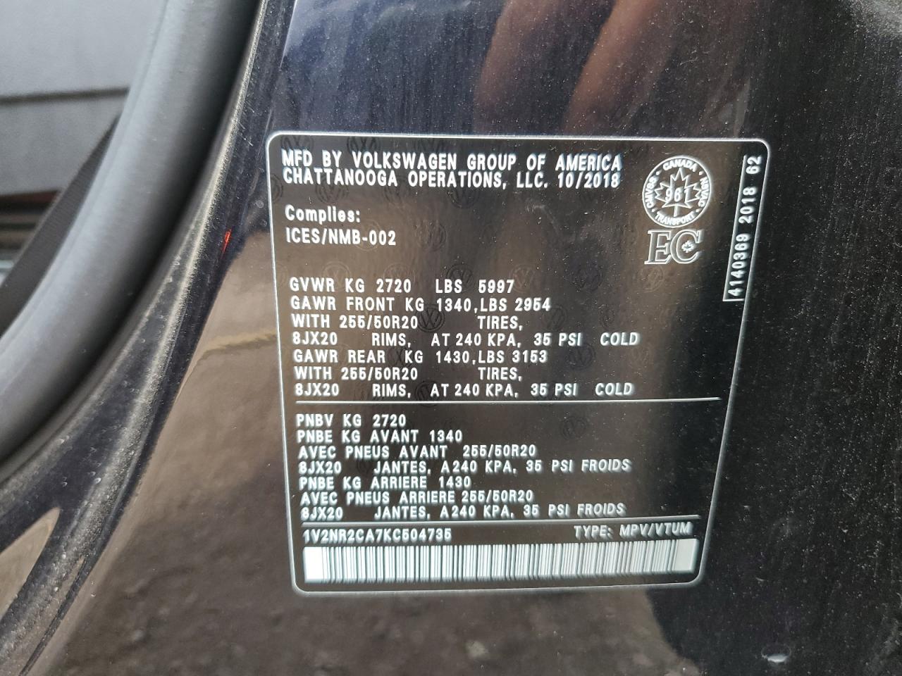2019 Volkswagen Atlas Sel Premium VIN: 1V2NR2CA7KC504735 Lot: 60001535