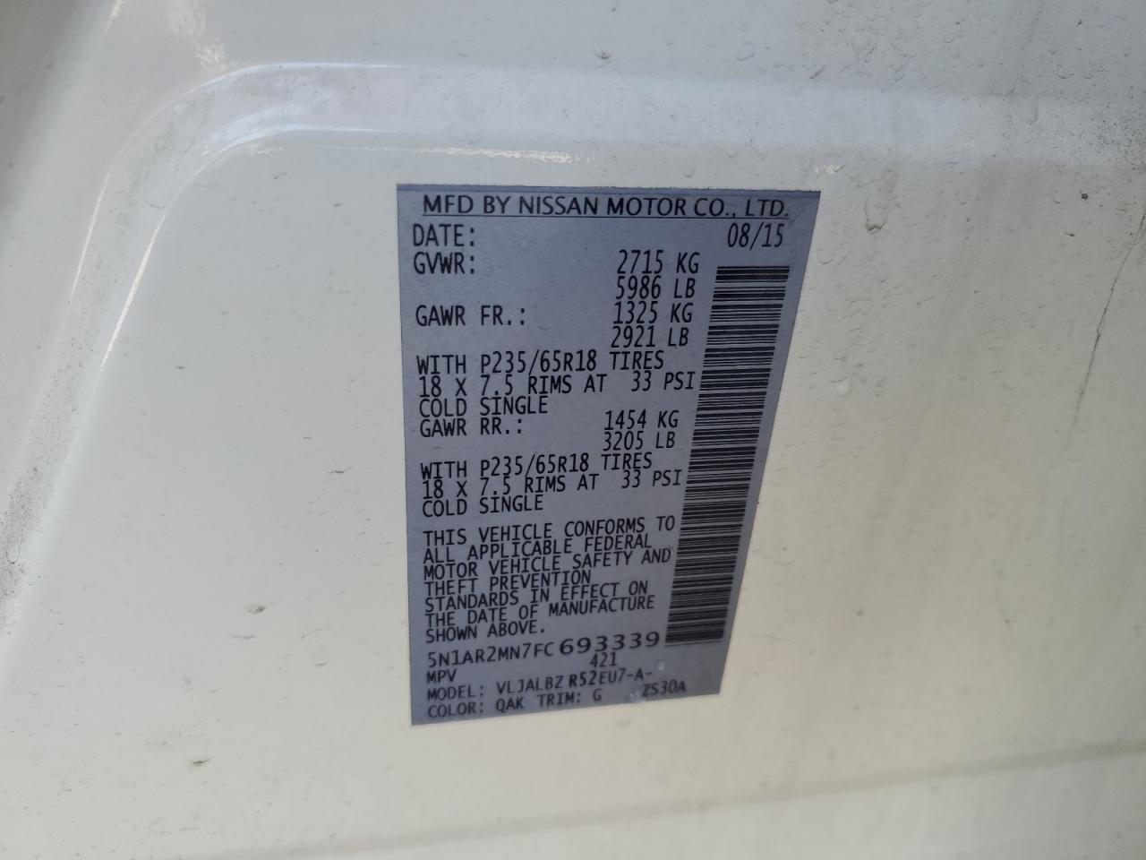 2015 Nissan Pathfinder S VIN: 5N1AR2MN7FC693339 Lot: 64952015