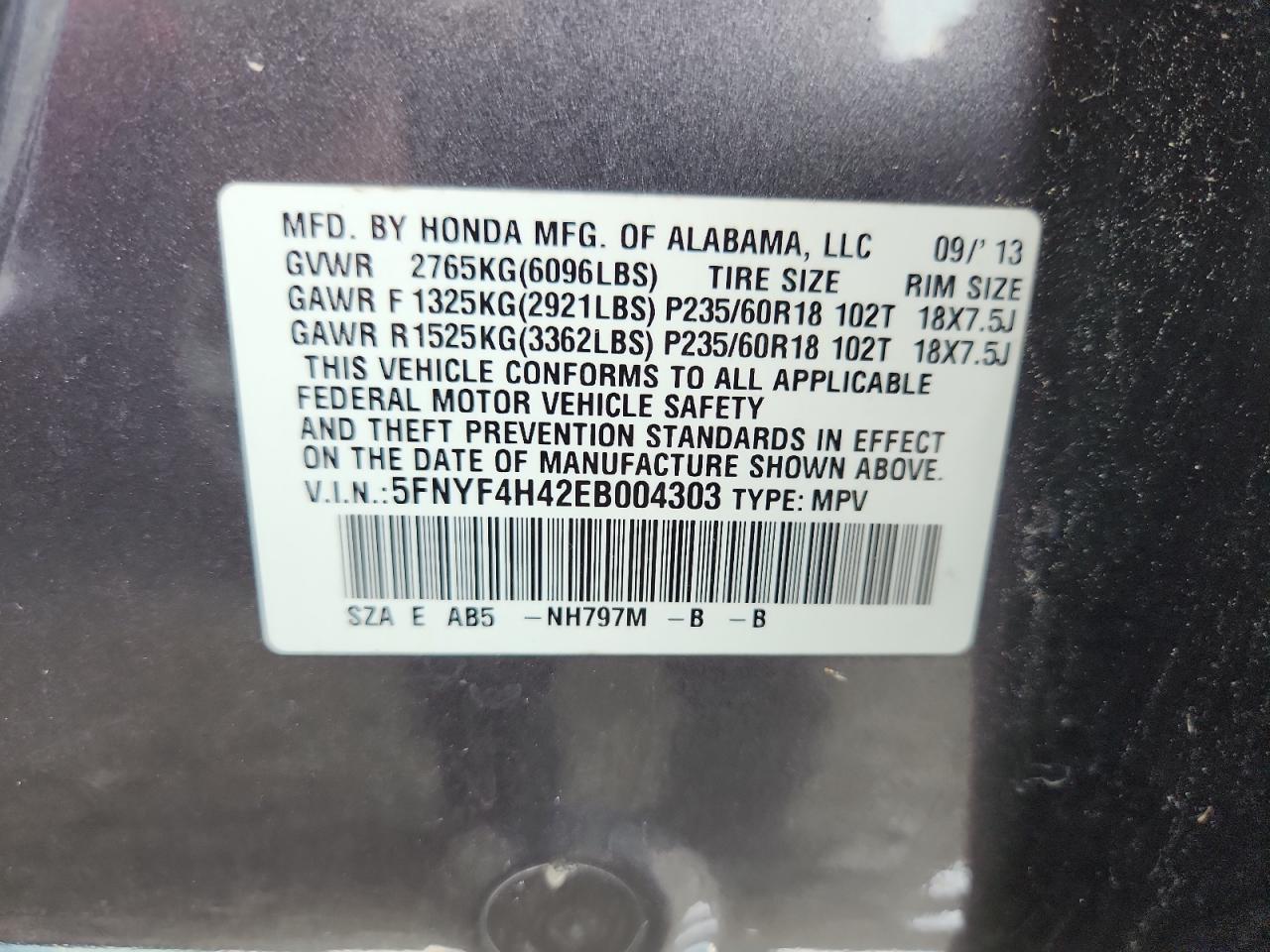 2014 Honda Pilot Ex VIN: 5FNYF4H42EB004303 Lot: 64786345