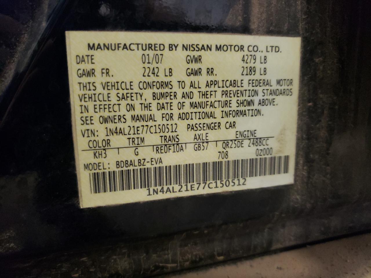 2007 Nissan Altima 2.5 VIN: 1N4AL21E77C150512 Lot: 64200225