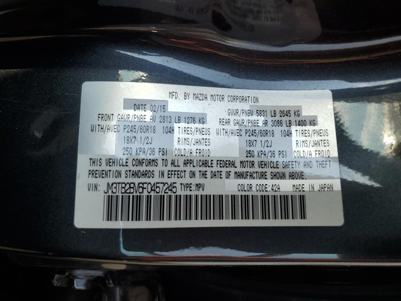 2015 Mazda Cx-9 Sport VIN: JM3TB2BV6F0457245 Lot: 66709645