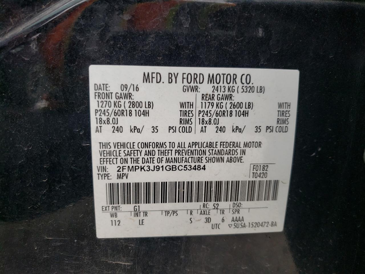 2016 Ford Edge Sel VIN: 2FMPK3J91GBC53484 Lot: 64930665
