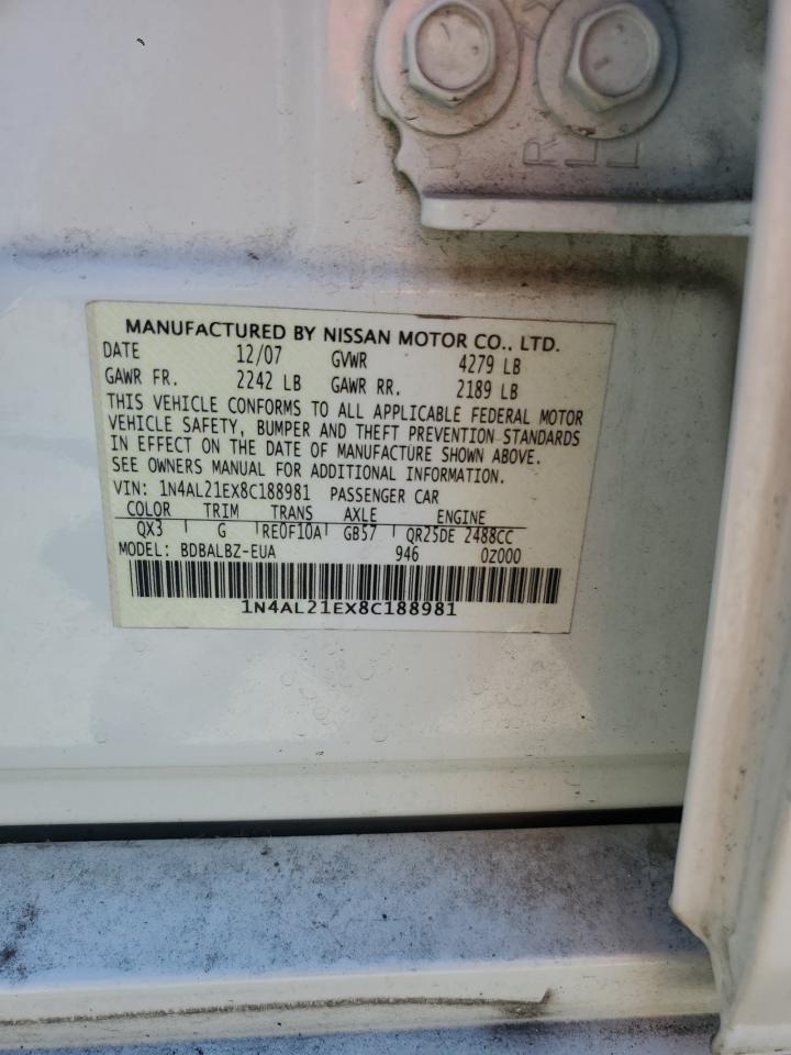 2008 Nissan Altima 2.5 VIN: 1N4AL21EX8C188981 Lot: 62410065