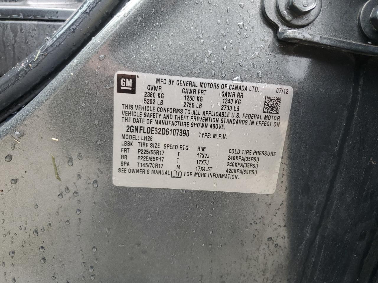 2013 Chevrolet Equinox Lt VIN: 2GNFLDE32D6107390 Lot: 65441085
