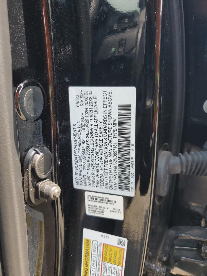 2022 Honda Pilot Touring VIN: 5FNYF6H62NB057161 Lot: 64944655