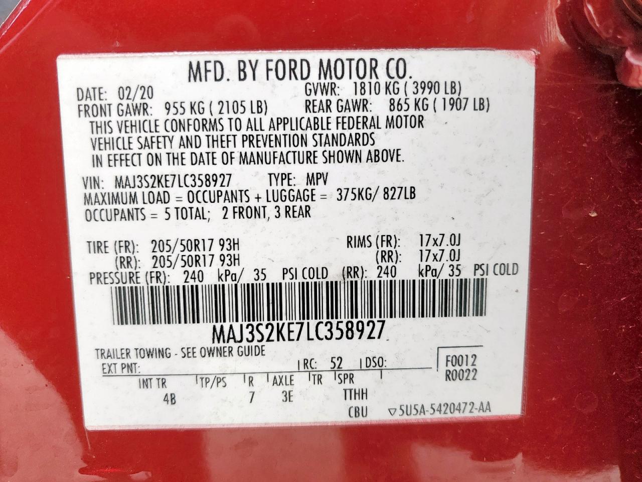 2020 Ford Ecosport Titanium VIN: MAJ3S2KE7LC358927 Lot: 63137105