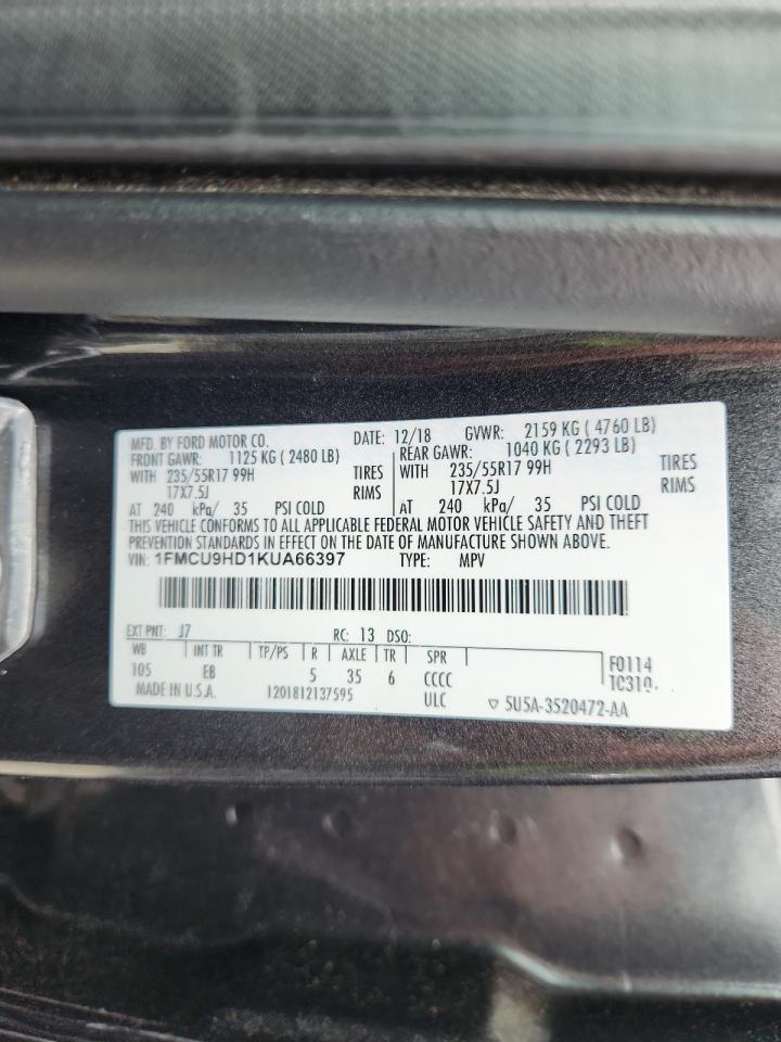 2019 Ford Escape Sel VIN: 1FMCU9HD1KUA66397 Lot: 65536025