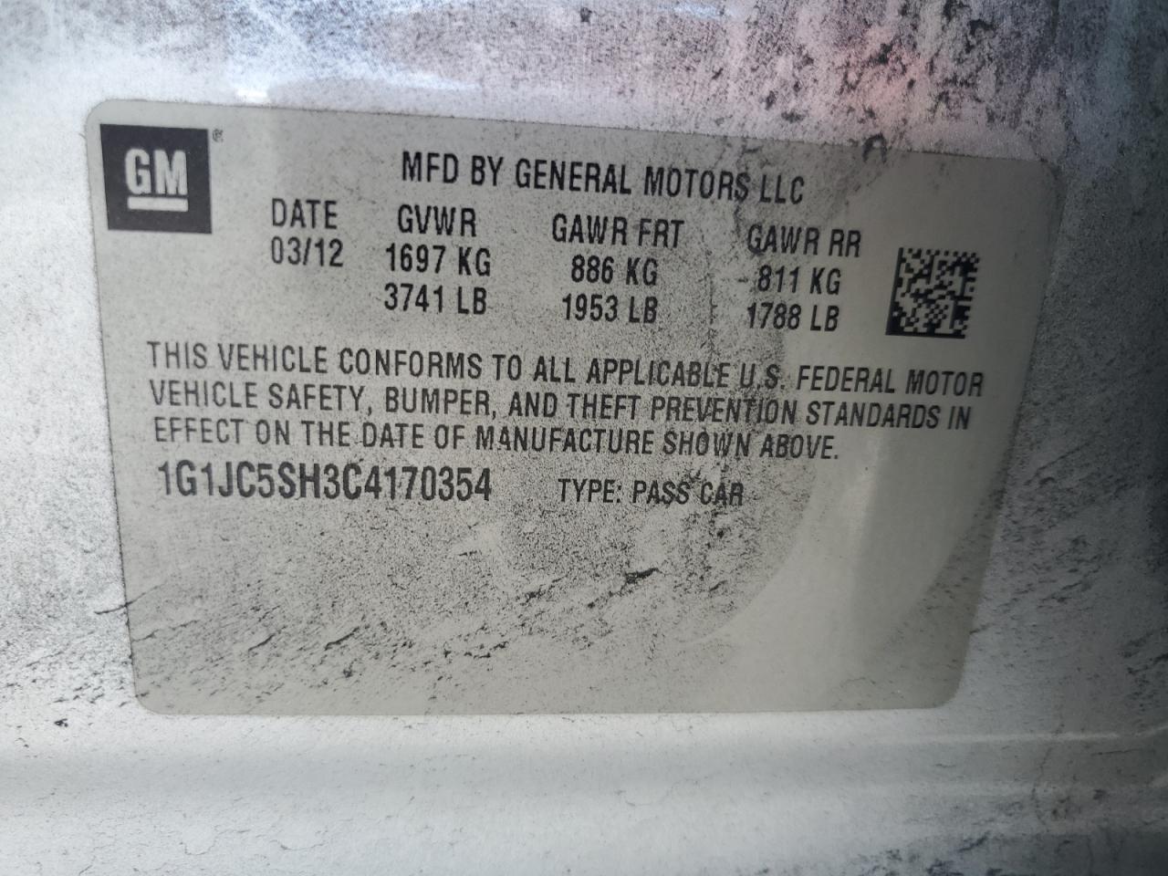 2012 Chevrolet Sonic Lt VIN: 1G1JC5SH3C4170354 Lot: 65153905