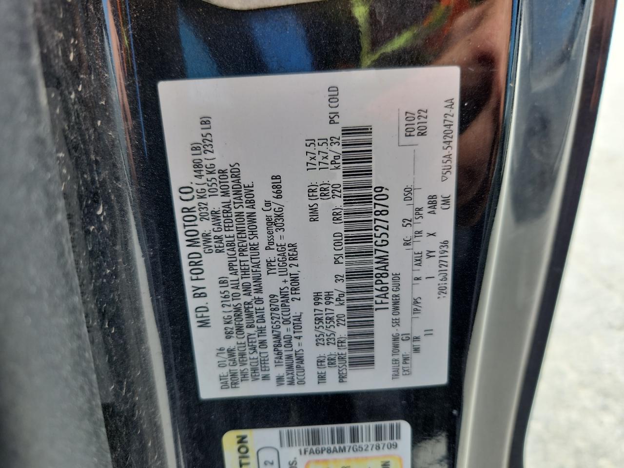 2016 Ford Mustang VIN: 1FA6P8AM7G5278709 Lot: 64357625