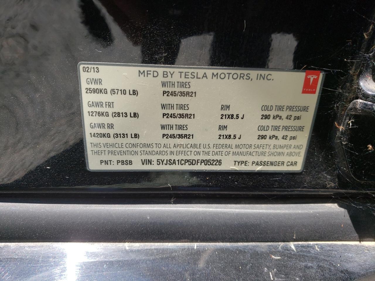2013 Tesla Model S VIN: 5YJSA1CP5DFP05226 Lot: 65271925