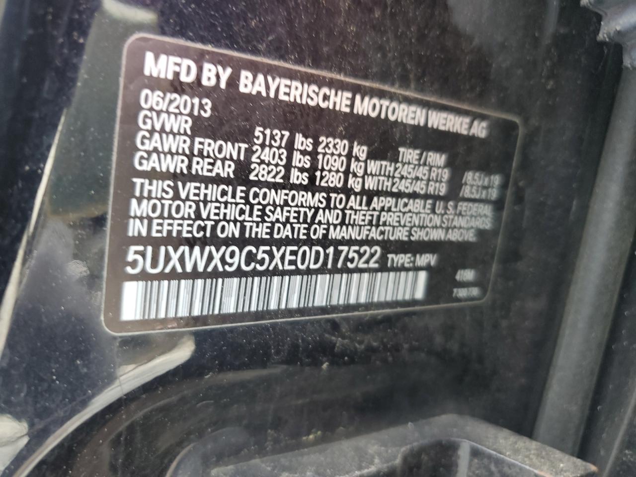 2014 BMW X3 xDrive28I VIN: 5UXWX9C5XE0D17522 Lot: 62751805