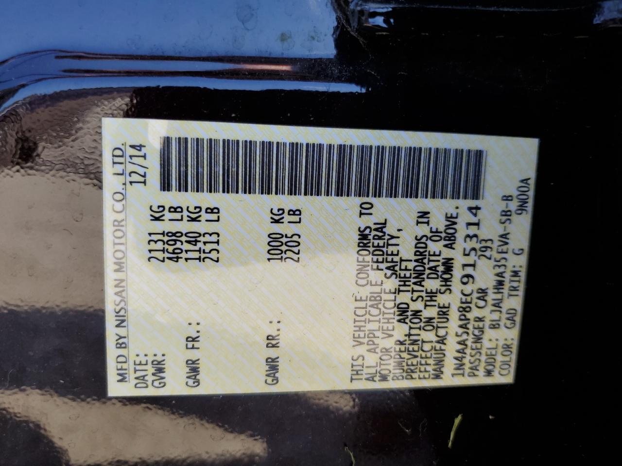 2014 Nissan Maxima S VIN: 1N4AA5AP8EC915314 Lot: 63567025