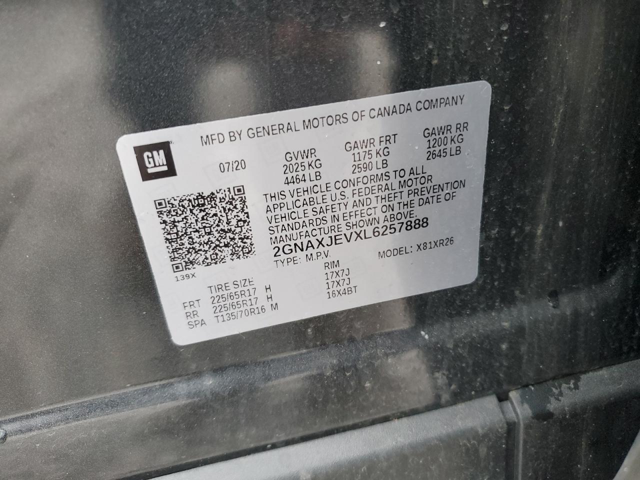 2020 Chevrolet Equinox Lt VIN: 2GNAXJEVXL6257888 Lot: 64845135