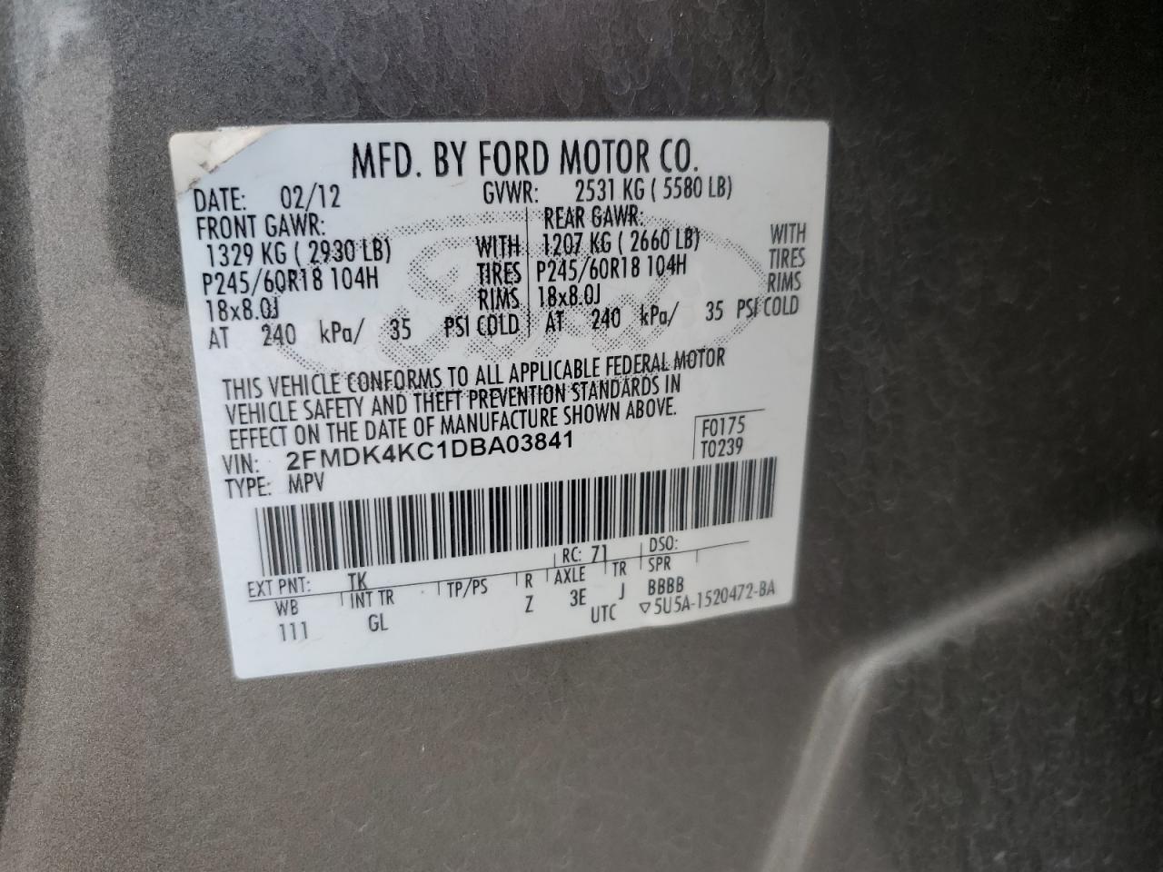 2013 Ford Edge Limited VIN: 2FMDK4KC1DBA03841 Lot: 64036255